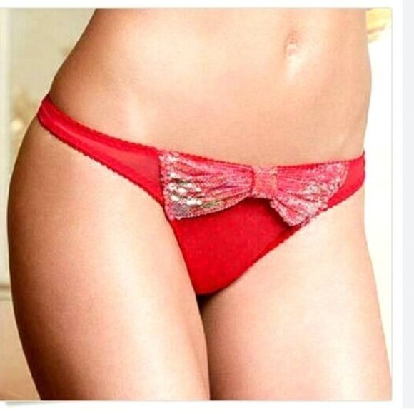 Victoria's Secret red sequin shimmer bow mesh thong panties underwear size small - Picture 1 of 9